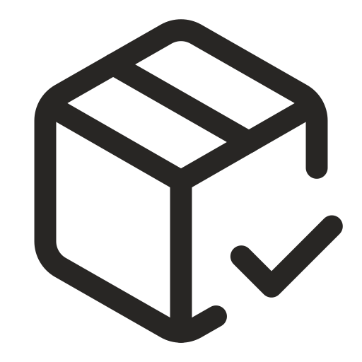 A black and white icon of a cardboard box with a checkmark.