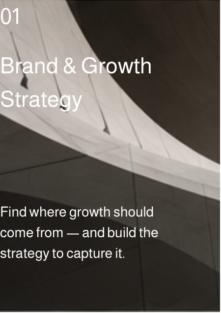 Cover slide of a presentation titled 'Brand & Growth Strategy' with a modern architectural background and a subtitle about building a growth strategy.