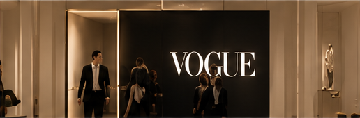 Group of people walking in front of a large black display with the word 'VOGUE' in white letters.
