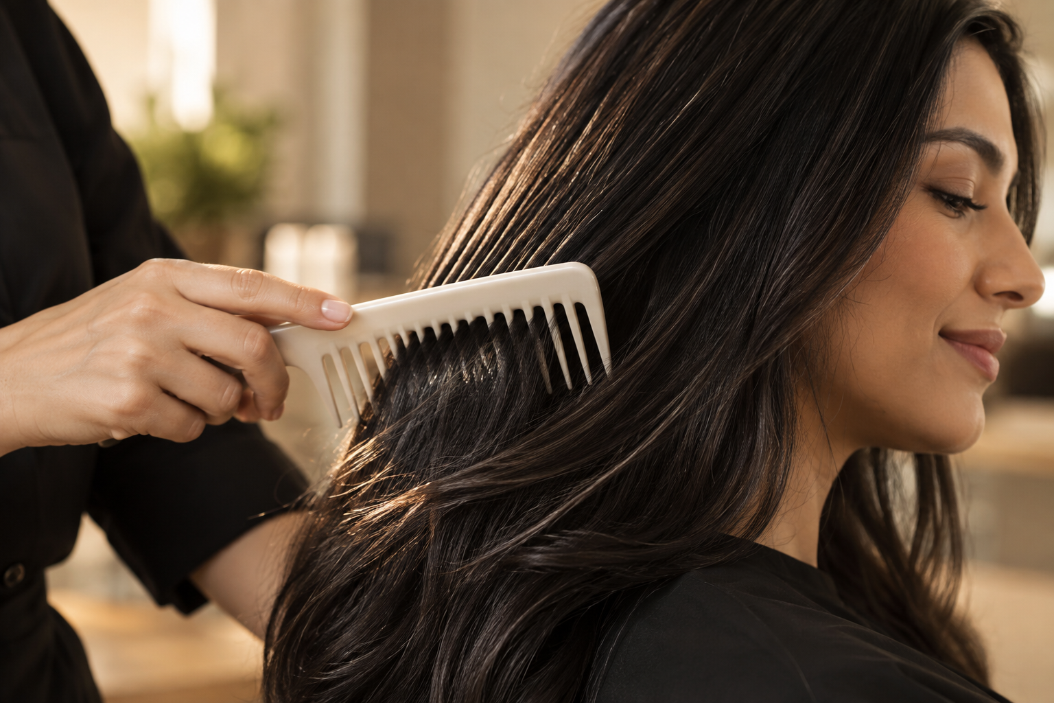 Woman with long dark hair getting her hair combed by a hairstylist in a salon.