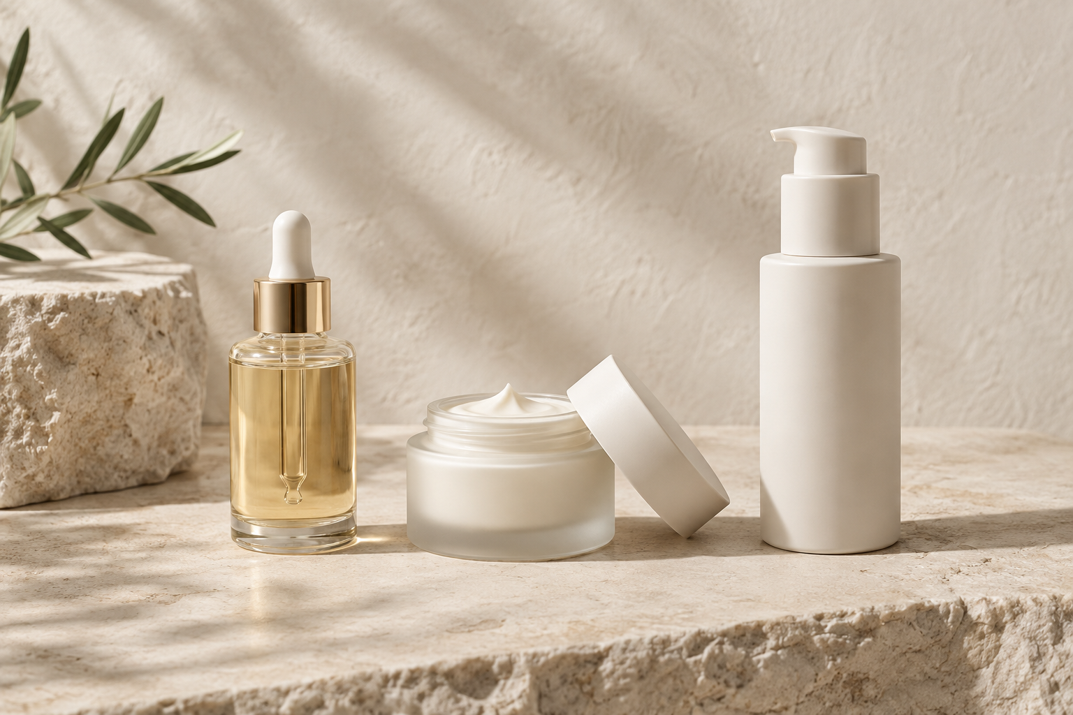 Skincare products including a dropper bottle, an open cream jar, and a pump bottle on a textured stone surface with a leafy branch and stone block in the background.