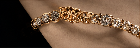Close-up of a gold bracelet with round clear gemstones on a person's wrist.