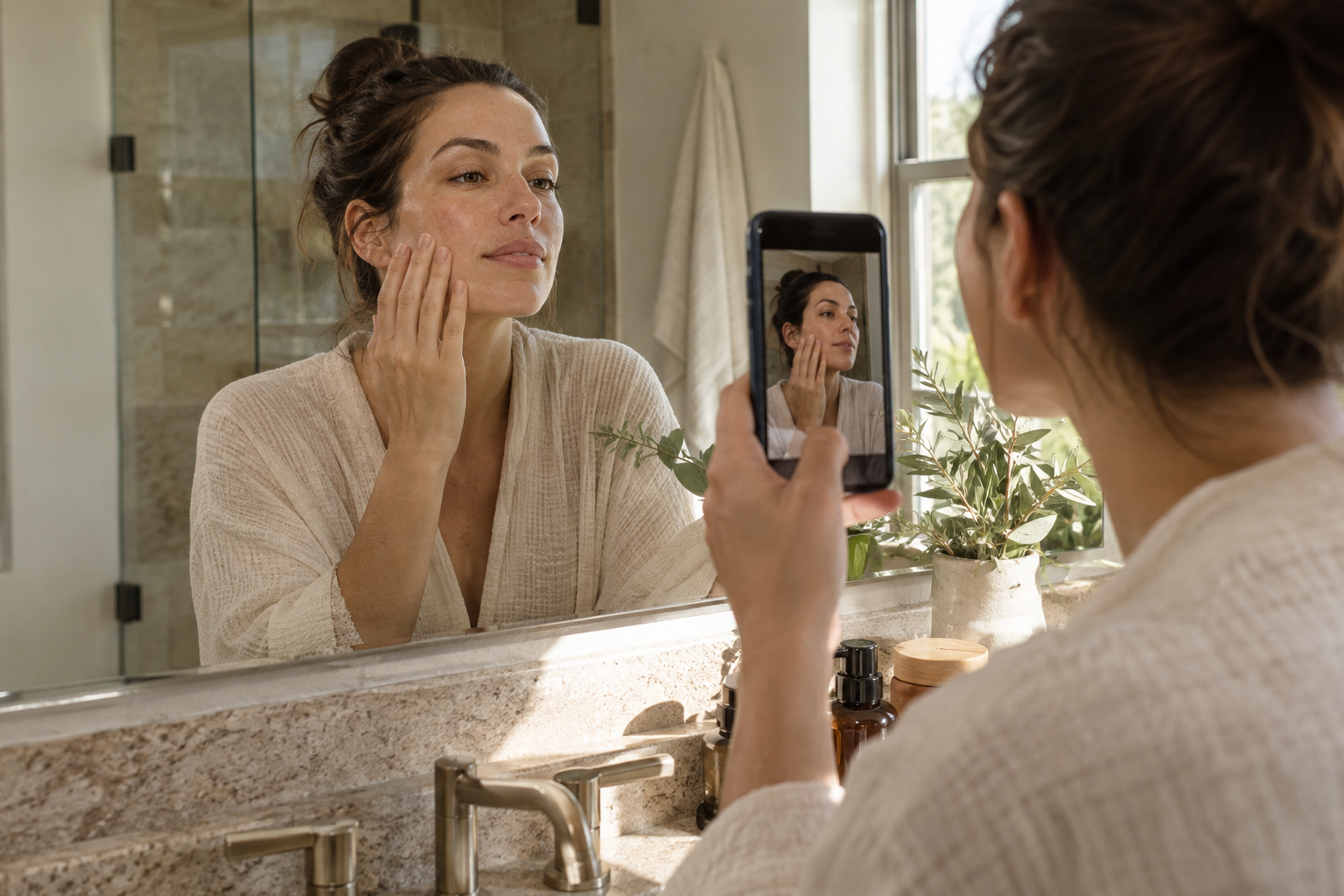 A woman taking a selfie in front of a mirror, touching her face, with natural light coming through a window behind her, in a bathroom with plants and skincare products on the counter.