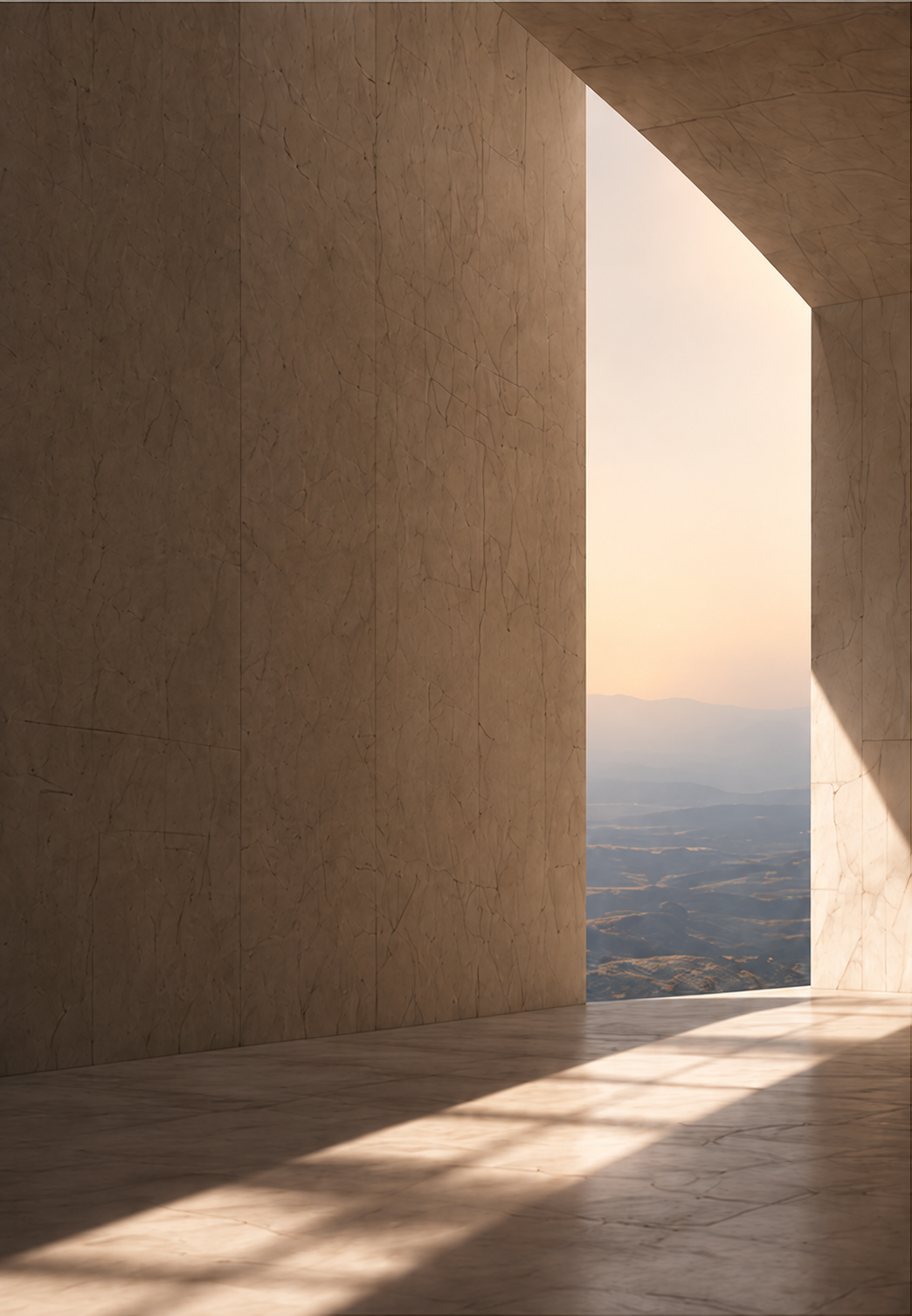 A modern architectural space with beige marble walls and floor, featuring a large rectangular opening that reveals a scenic view of mountains and a soft pastel sky at sunset, with shadows cast on the floor.