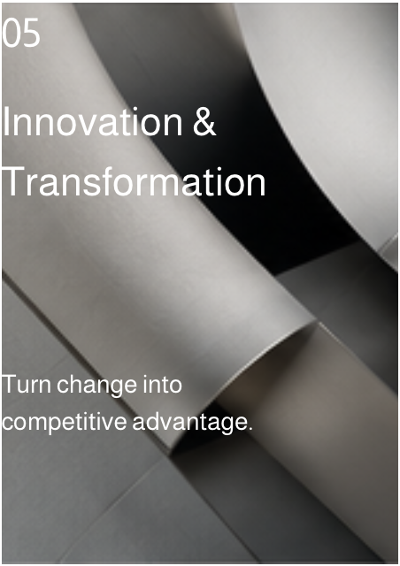Close-up of metallic metallic sheets with text overlay about innovation and transformation.