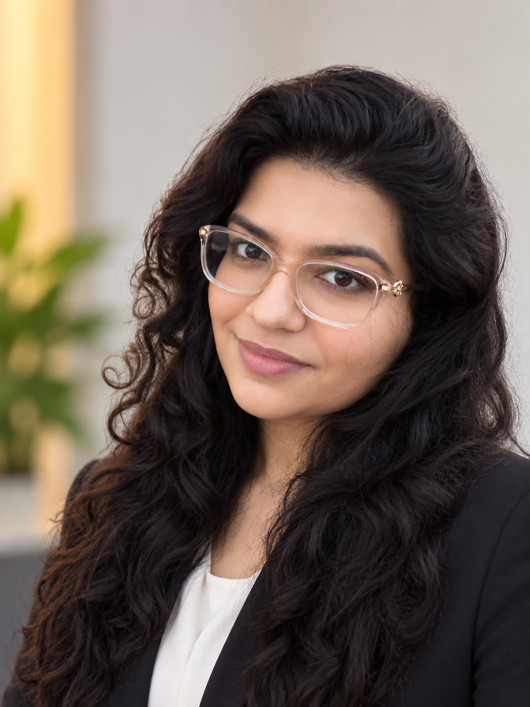 A woman with long, dark, curly hair wearing clear glasses and a black blazer, smiling softly in an indoor setting.