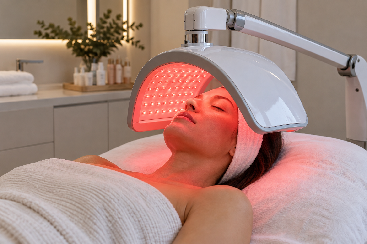 A woman lying on a spa bed receives a facial treatment under a red LED light therapy device in a modern spa or skincare clinic.