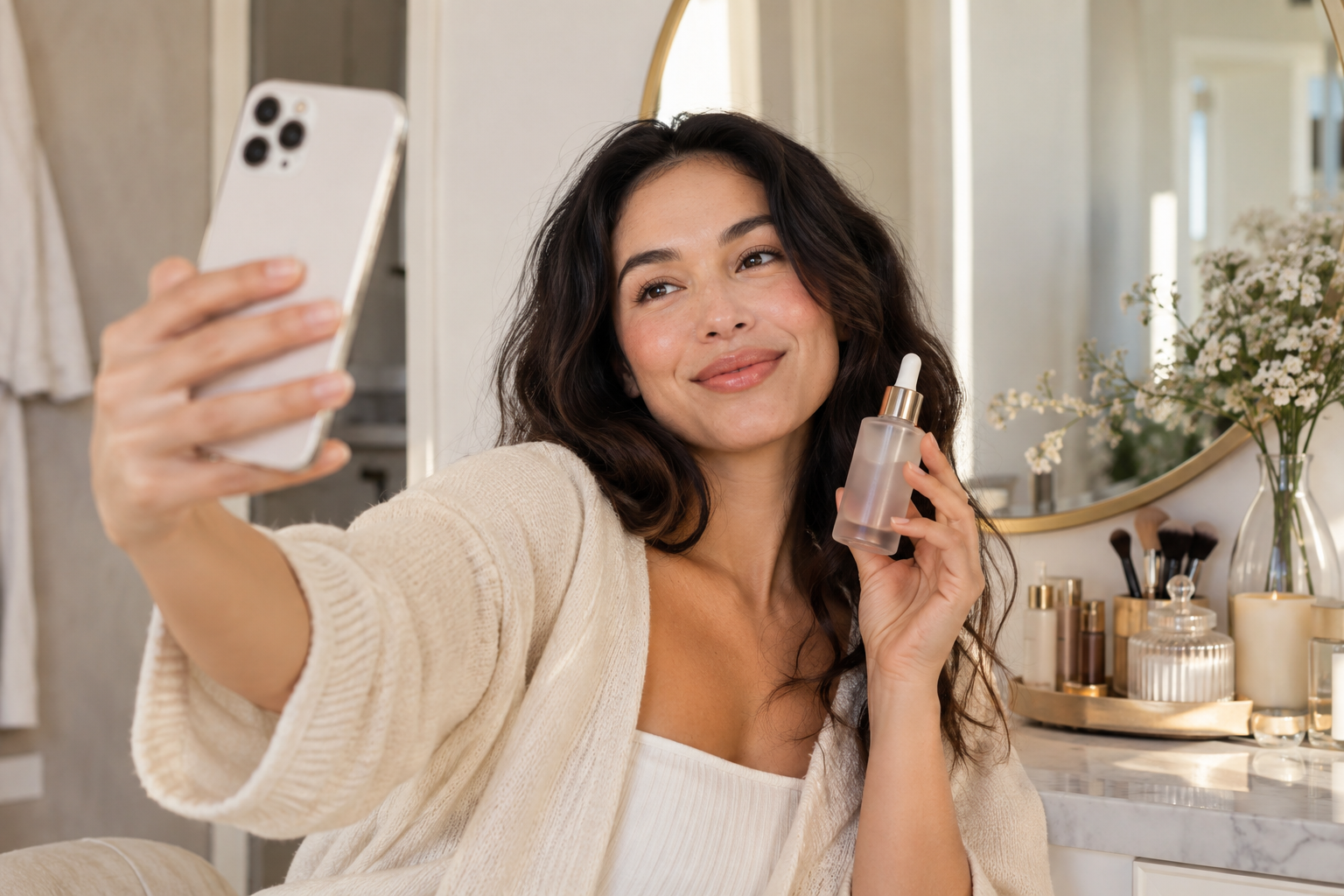 Woman taking a selfie with a smartphone while holding a skincare product, in a bathroom with cosmetics and flowers on the vanity