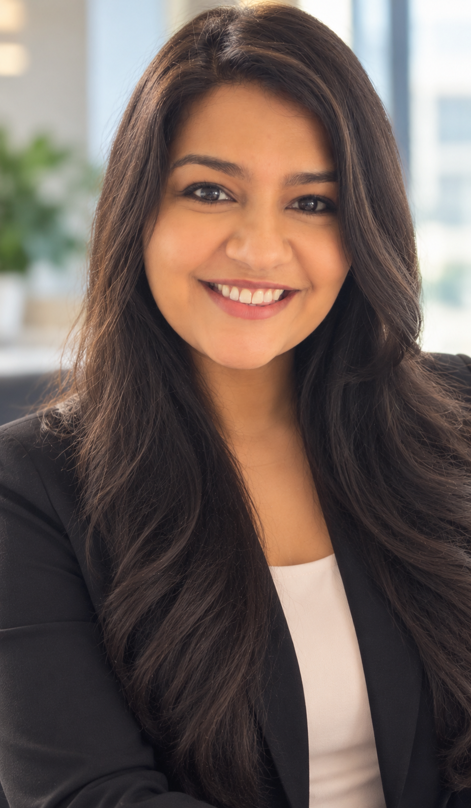 A smiling woman with long dark hair, wearing a black blazer over a white top, in an office setting. Divya Kris Balakrishnan