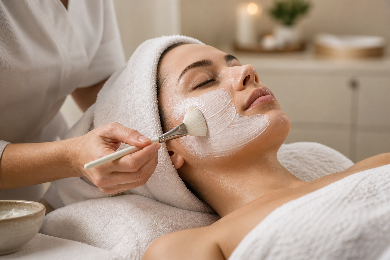 A woman is receiving a facial treatment at a spa, with a beautician applying a white facial mask using a brush. She is lying down with a towel wrapped around her head and a white towel underneath.