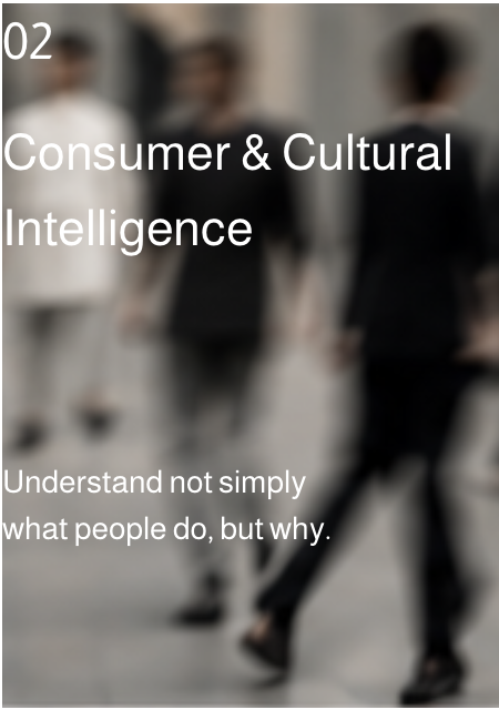 Blurry image of three businesspeople walking in a hallway, with overlaid text reading '02 Consumer & Cultural Intelligence. Understand not simply what people do, but why.'
