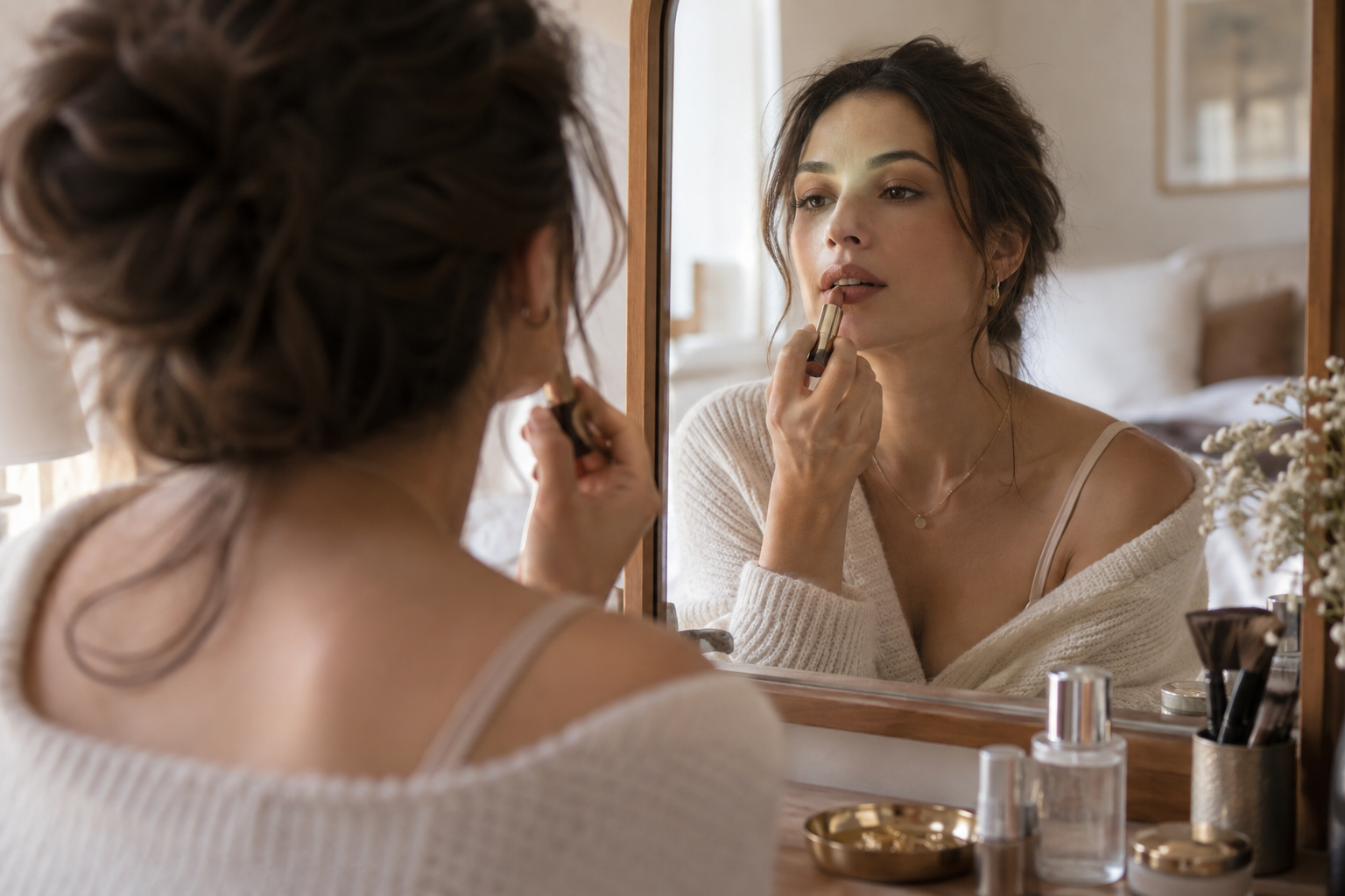 A woman applying lipstick while looking into a mirror in a bedroom setting.