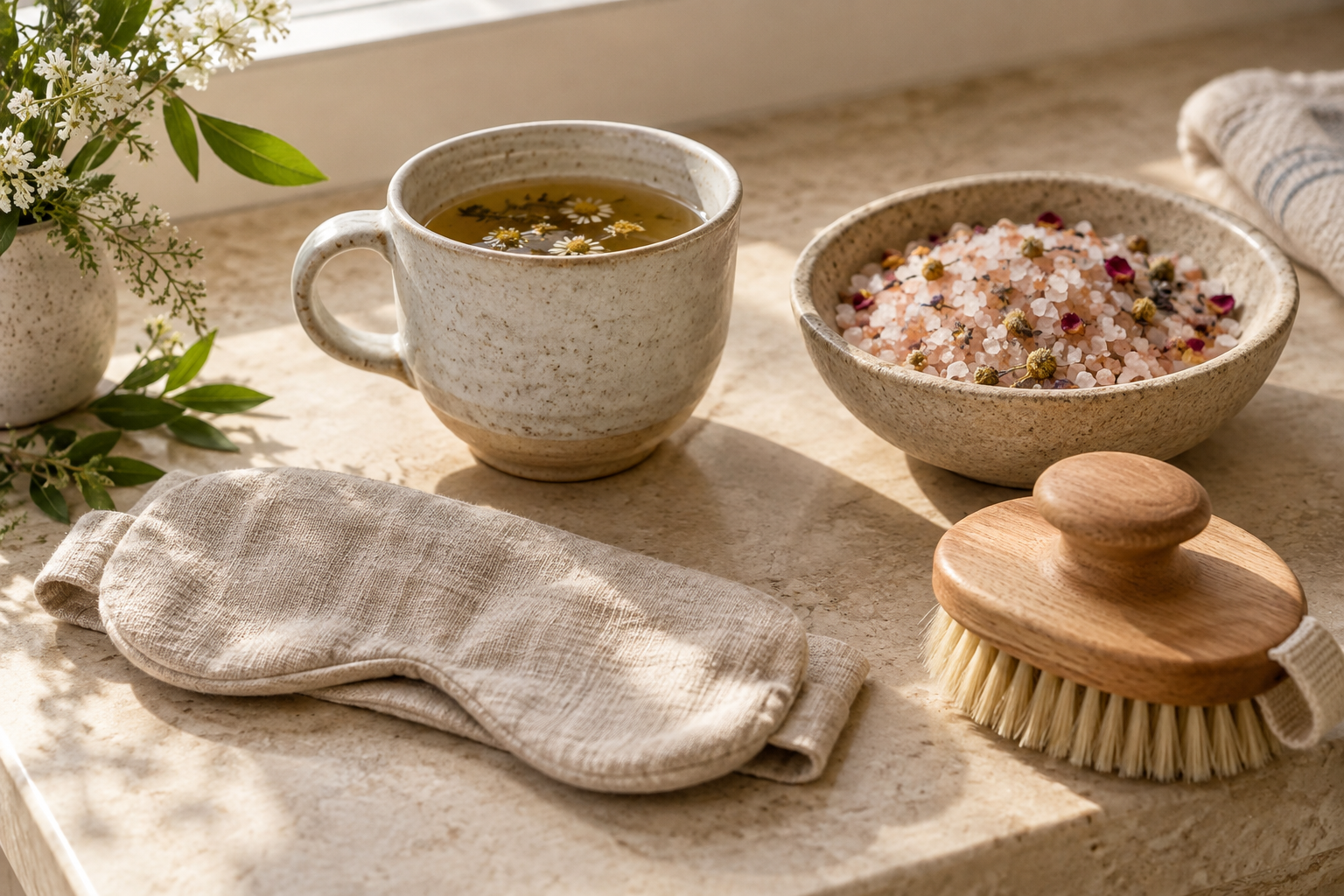A ceramic cup of herbal tea with chamomile flowers, a bowl of pink Himalayan salt with dried flower petals, a wooden scrub brush, a folded cloth towel, and a sprig of greenery on a beige countertop with natural sunlight.
