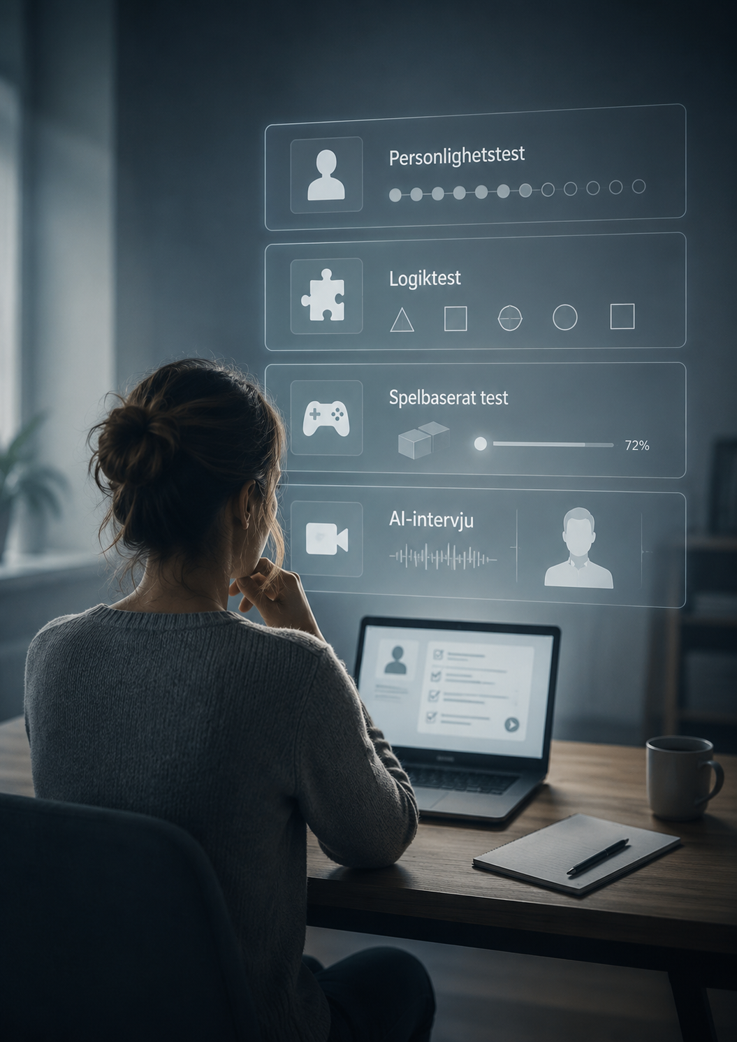 En kvinna tittar på en skärm som visar olika digitala tester och intervjuer, inklusive personlighetstest, logiktest, spelbaserat test och AI-intervju.