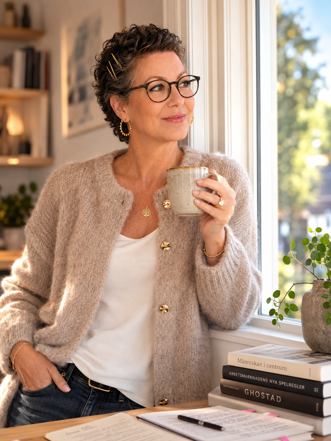 En kvinna som med glasögon, guldörhängen och halsband, njuter av en kopp kaffe eller te vid ett fönster i ett hem eller kontor, med en bokhylla och gröna växter i bakgrunden.