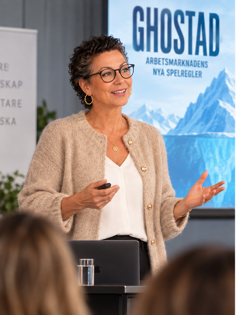 Kvinna med glasögon föreläser framför en skärm med texten ”GHOSTAD – arbetsmarknadens nya spelregler”.