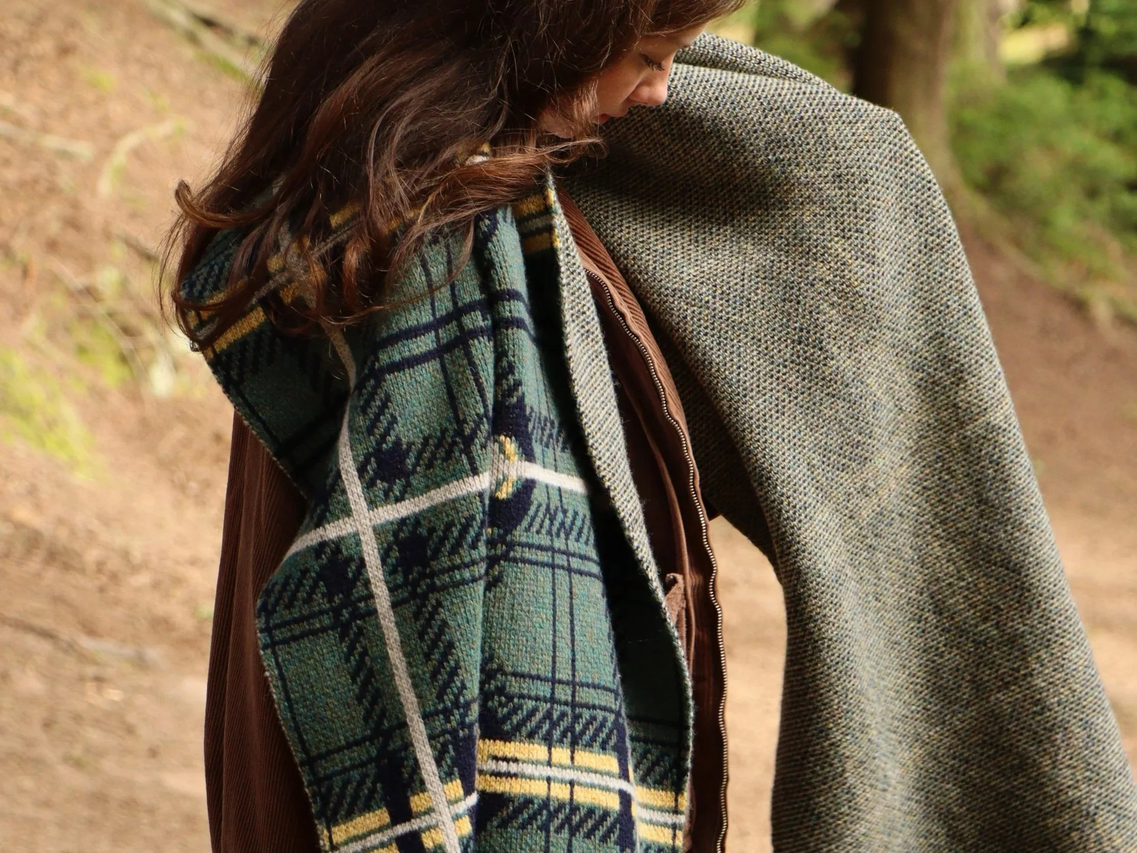 Close-up of 'Lizzie Forbes Tartan' scarf by Lizzie Forbes.
