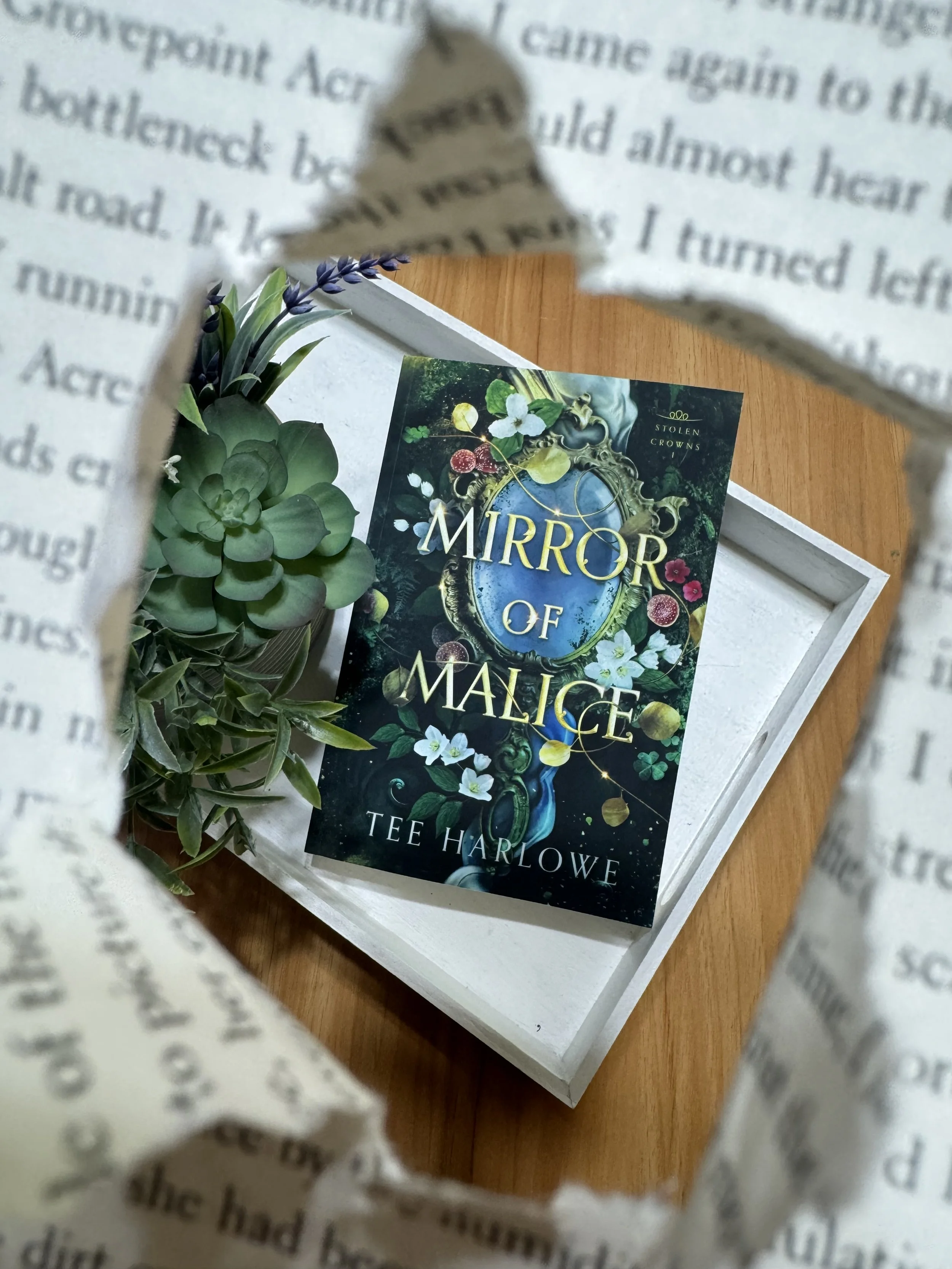 The image shows a book titled "Mirror of Malice" by Tee Harlow, placed on a tray. The tray has some green plants and purple flowers, and the photo is taken through a torn piece of newspaper, framing the scene.