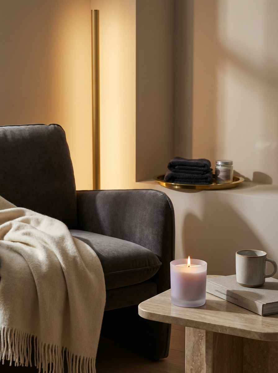 Cozy living room corner with a dark gray sofa and a beige throw blanket, a lit candle on a small wooden table, a beige mug, a closed book, and a floating shelf with folded dark towels and a jar, illuminated by warm lighting.