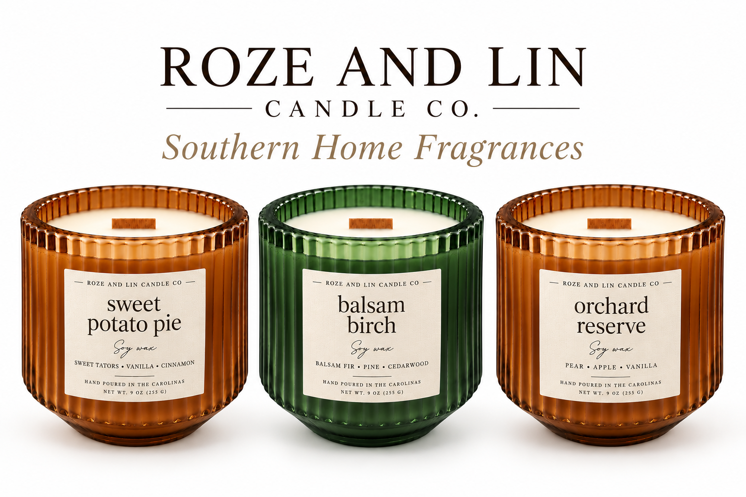 A Southern-inspired trio of Roze & Lin hand-poured candles featuring Sweet Potato Pie, Balsam Birch, and Orchard Reserve in signature glass vessels.