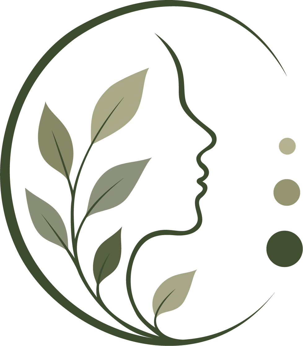 A minimalist illustration of a human face profile with a leaf motif, surrounded by a circle, and four color swatches in shades of green and beige.