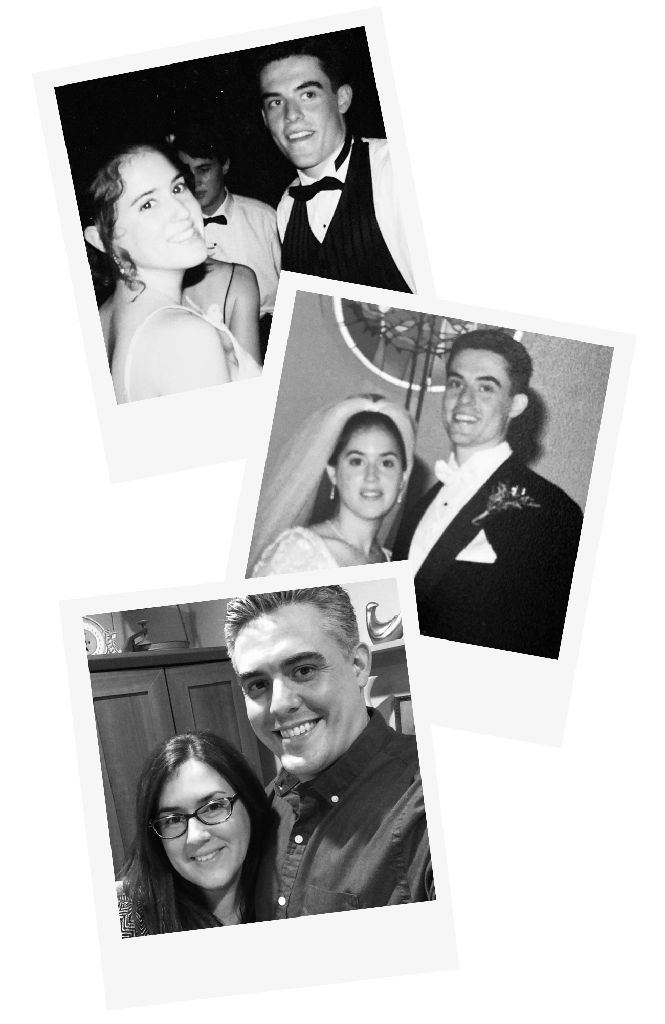 A collage of black and white photos of a young man with various women, dressed in formal attire, at different events.