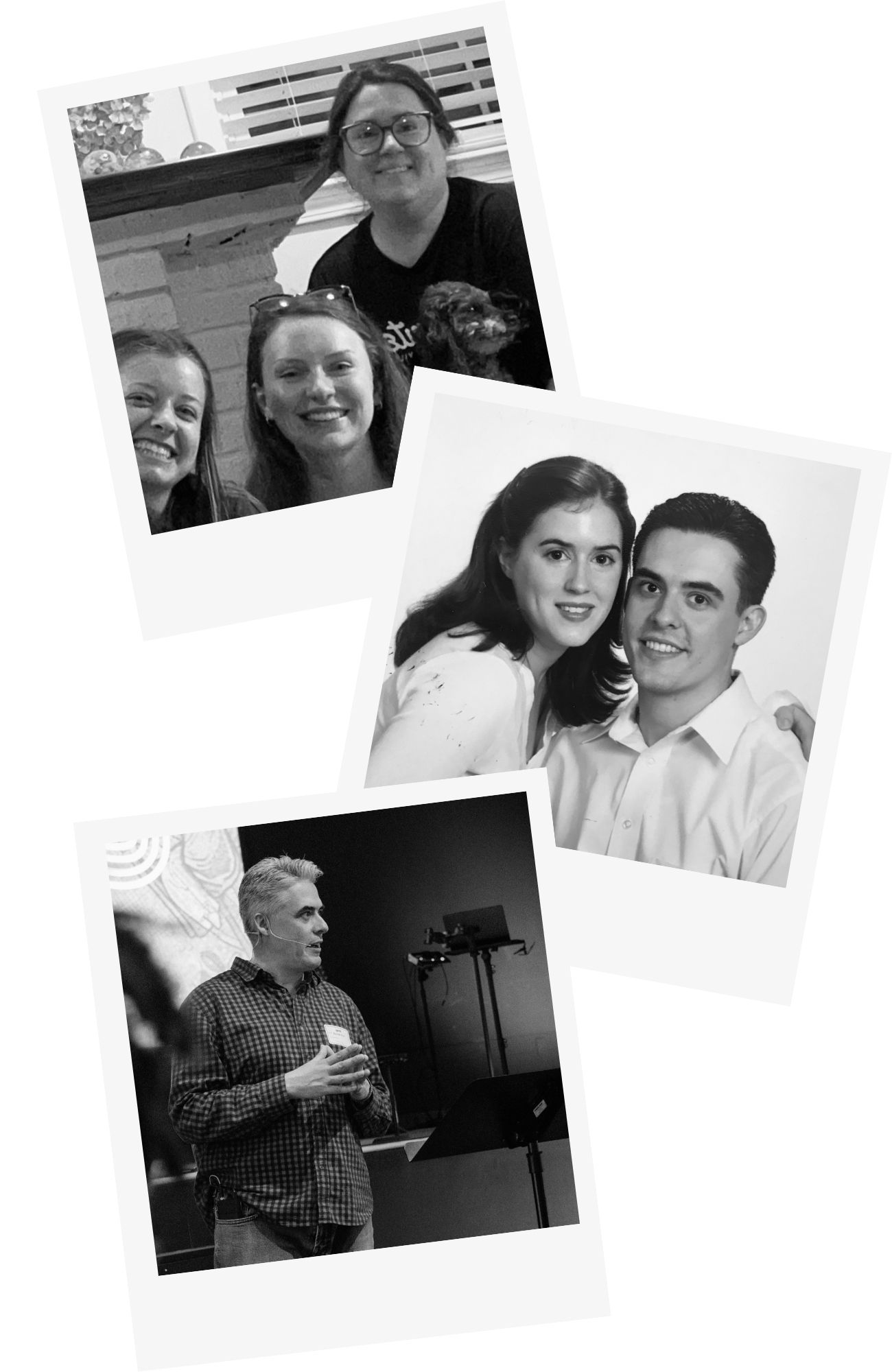 Collage of black and white photos with people at events. Top photo shows three women and a man with a dog, all smiling. Middle photo depicts a woman and a man posing together, smiling. Bottom photo features a man giving a presentation or speech, gesturing with his hands, with a laptop and equipment nearby.