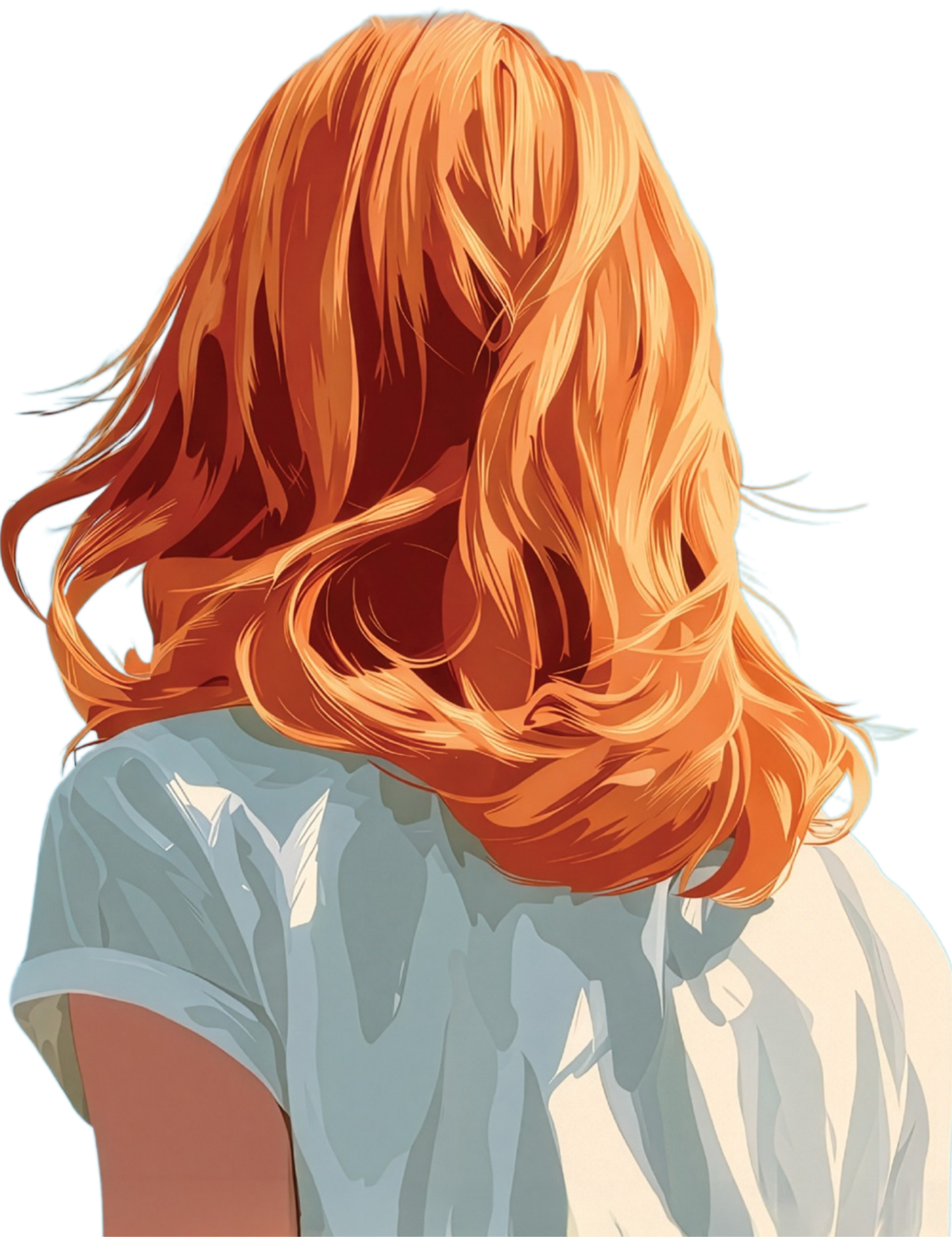 Illustration of a woman with long, wavy red hair wearing a white shirt, facing away with her head tilted down.