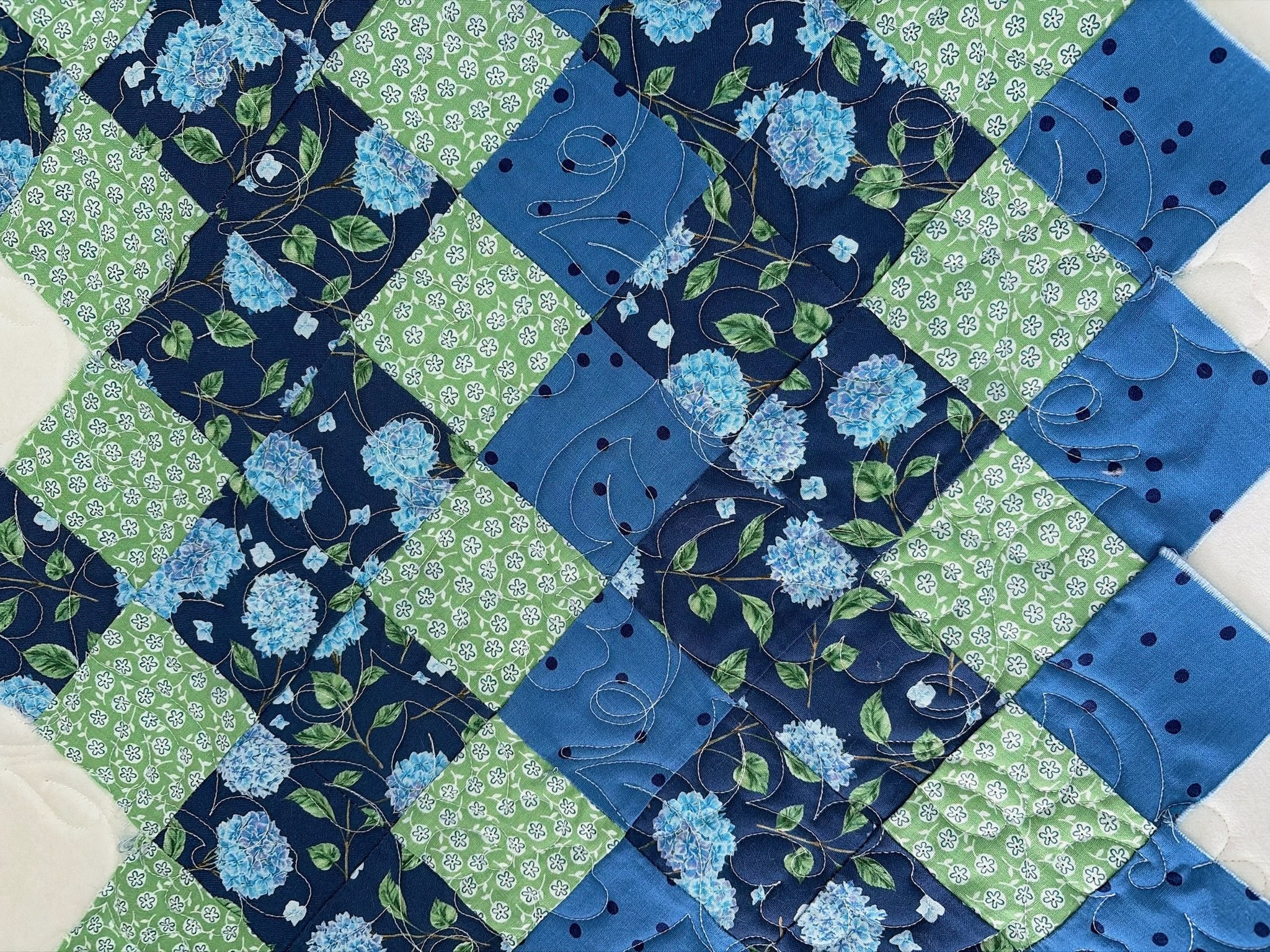 Close-up of a patchwork quilt with blue and green floral and geometric patterns