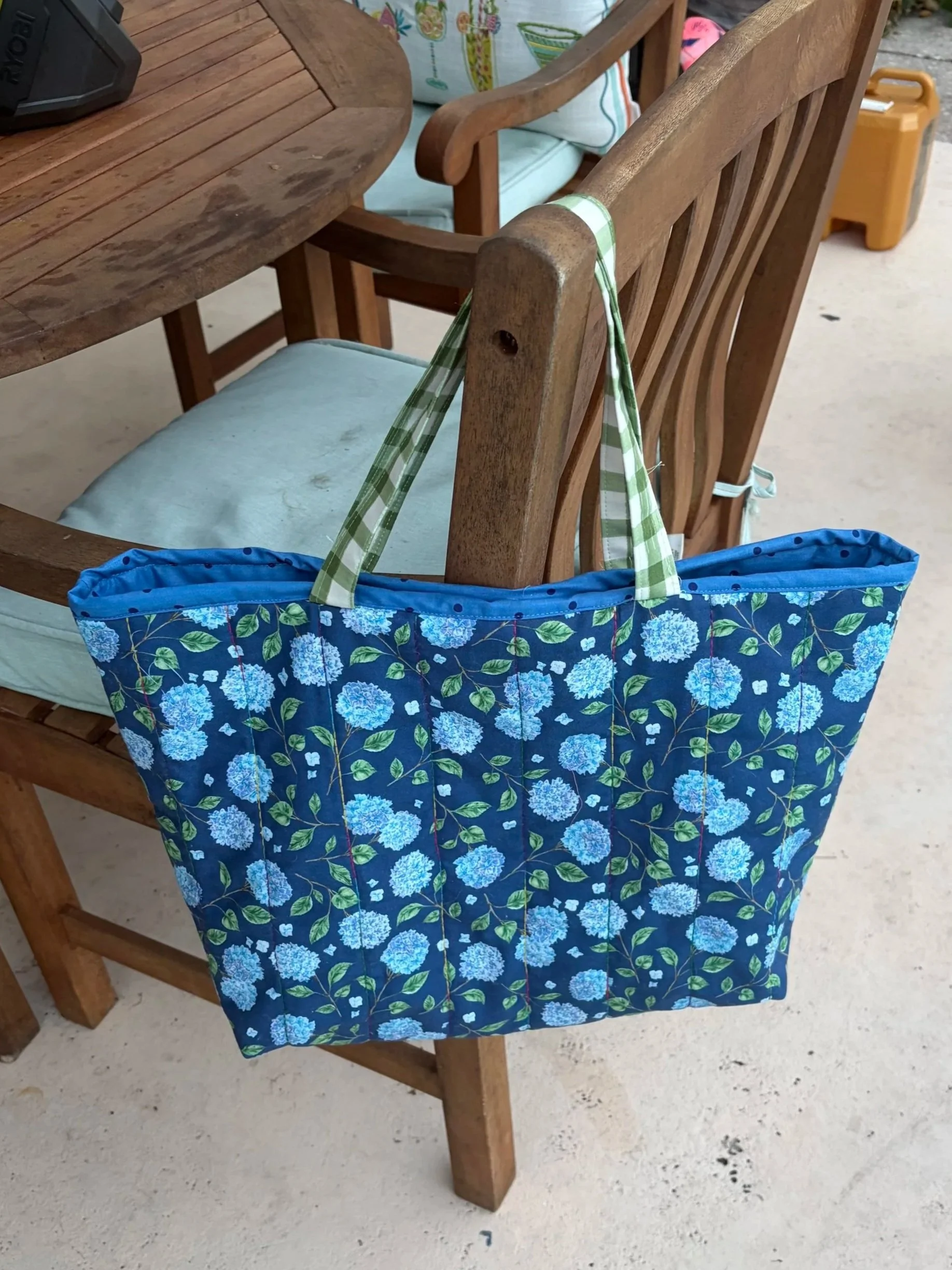 A customer favorite, blue floral tote bag