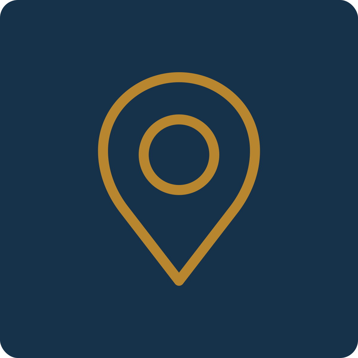 Map location pin icon with a dark blue background and gold outline.