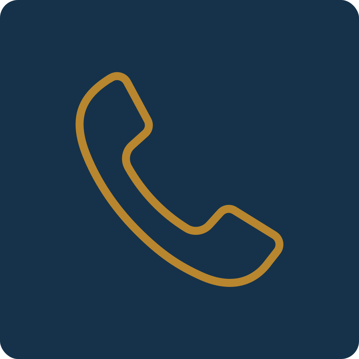 Icon of a phone handset in gold color on a dark blue background.