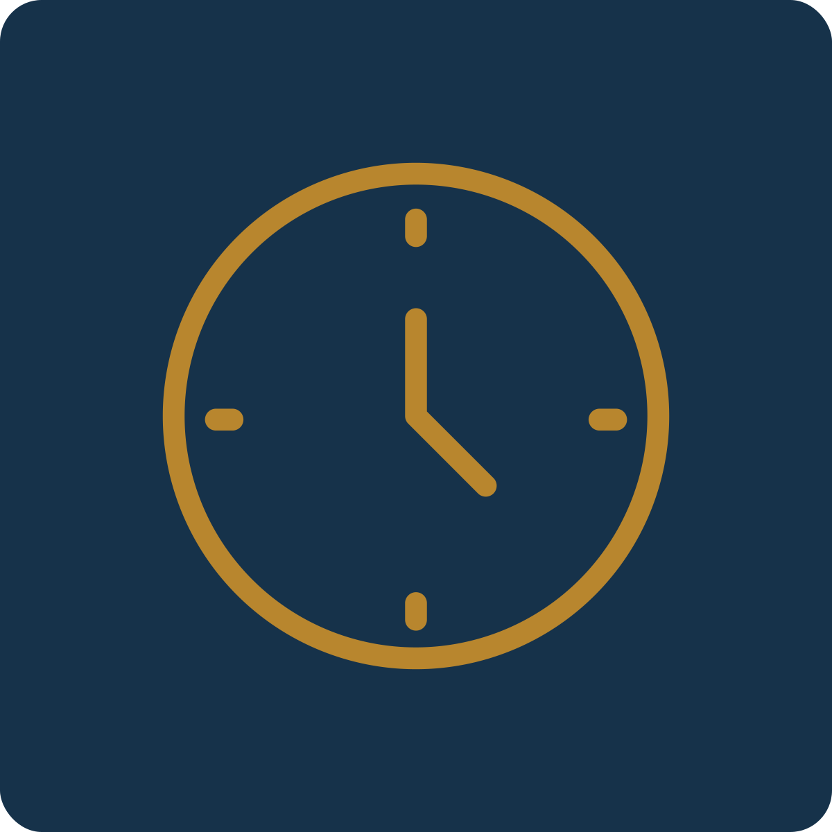 An analog clock showing the time as 4:00, with a dark blue background and gold outline.