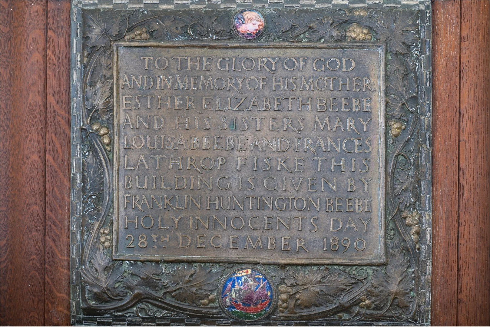 Ornate bronze memorial plaque honoring Esther Elizabeth Beebe and her sisters, dated December 28, 1890.