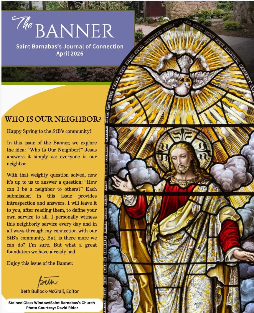 April 2026 cover of The Banner, Saint Barnabas’ Journal of Connection, featuring a stained-glass image of Jesus beneath a dove and rays of light.