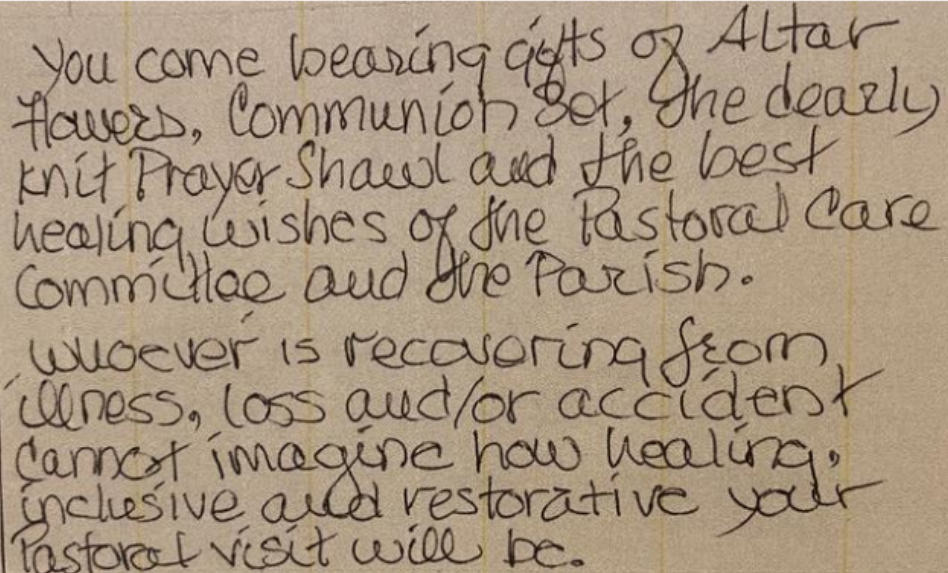 Handwritten note offering healing wishes from a parish’s Pastoral Care Committee to someone recovering from illness, loss, or an accident.