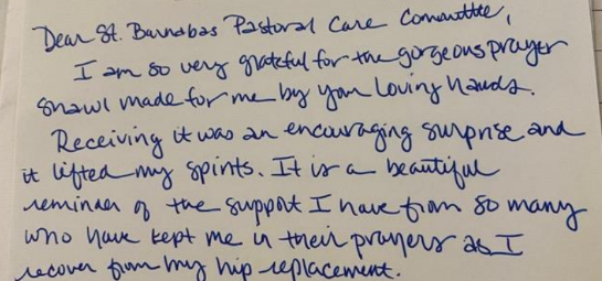Handwritten thank-you note expressing gratitude to the church pastoral care committee for prayers and support during hip replacement recovery.