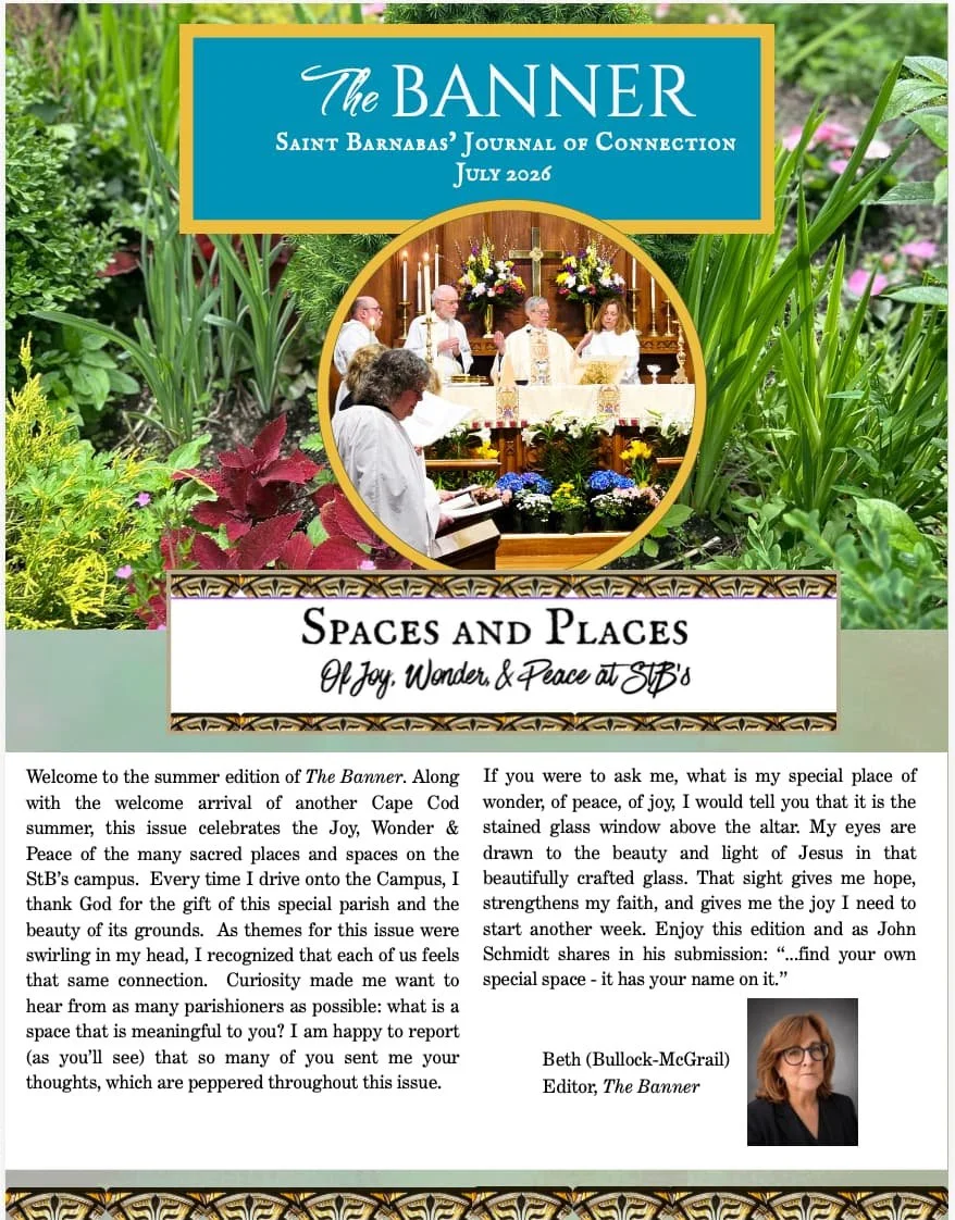 Cover of The Banner, Saint Barnabas’ Journal of Connection, July 2026, featuring a church altar surrounded by flowers and garden foliage.