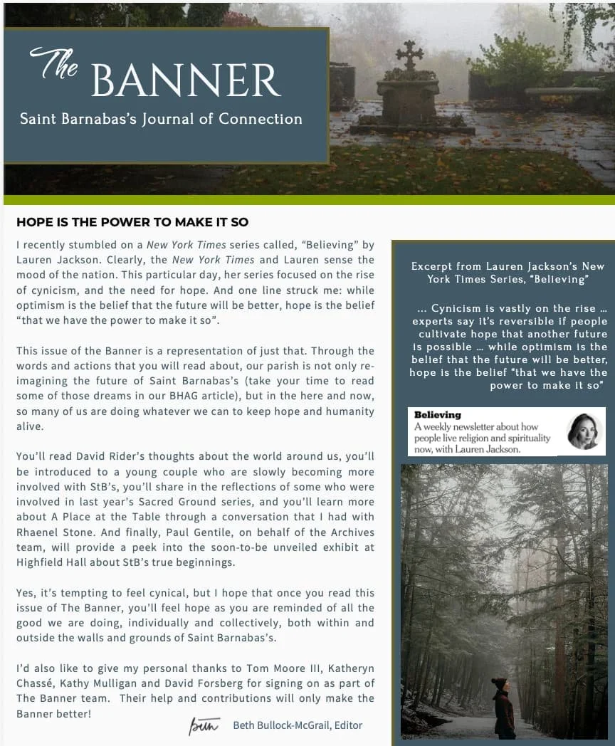 Page from Saint Barnabas’s journal, The Banner, featuring an article titled “Hope Is the Power to Make It So,” a New York Times excerpt about hope, and forest and churchyard photographs.
