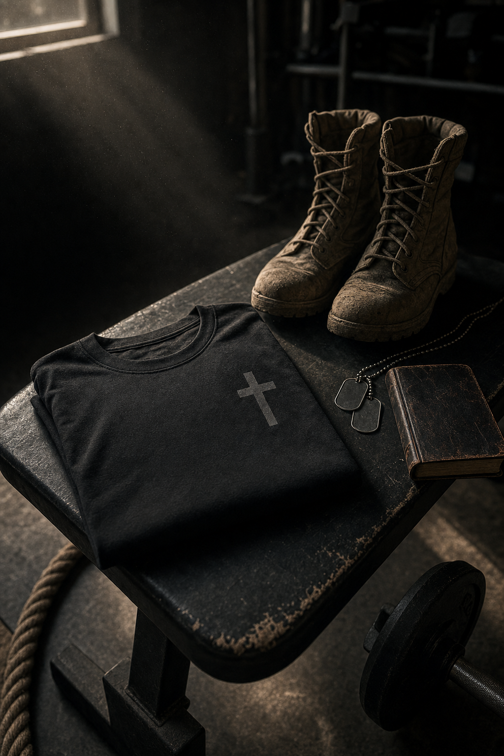 Folded Psalms Tee, boots, dog tags and a Bible on a bench