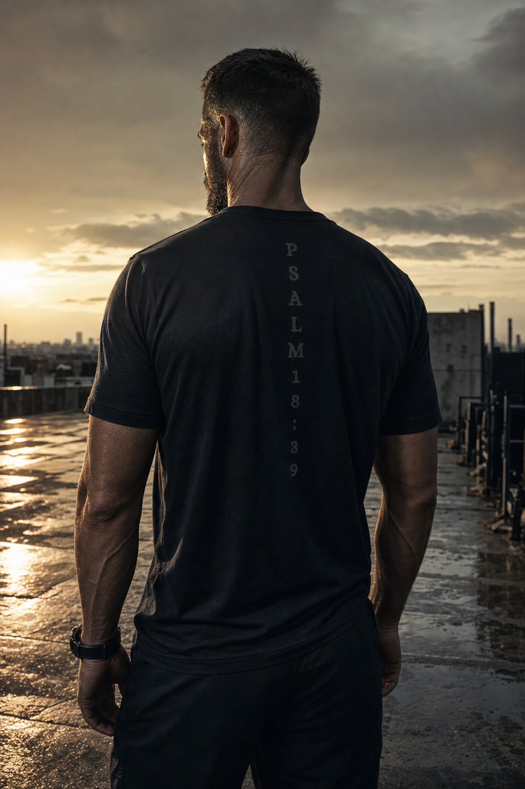 Man in the black Psalms Tee facing a city skyline at dawn, PSALM 18:39 printed down the spine