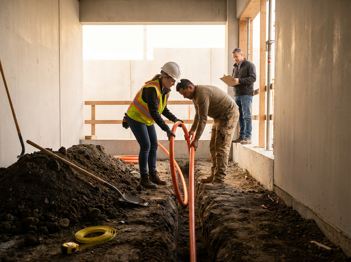 Construction workers installing orange underground pipes inside a building, with one man observing and taking notes on a clipboard in the background.