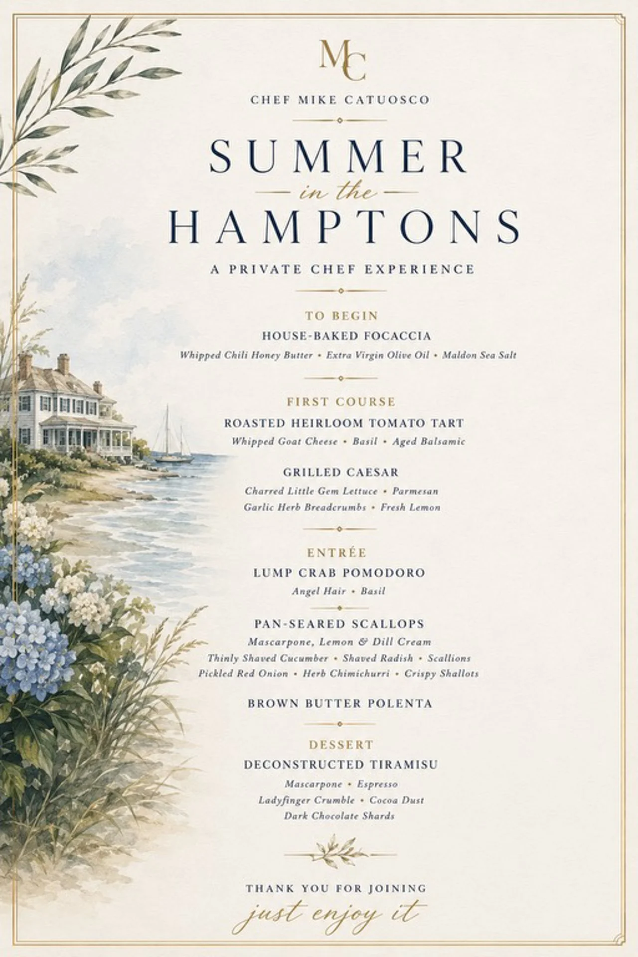 Chef Mike Catuosco - Past Menus - A private chef experience at Summer in the Hamptons, listing dishes like house-baked focaccia, roasted heirloom tomato tart, grilled Caesar, lump crab Pomodoro, pan-seared scallops, and deconstructed tiramisu.