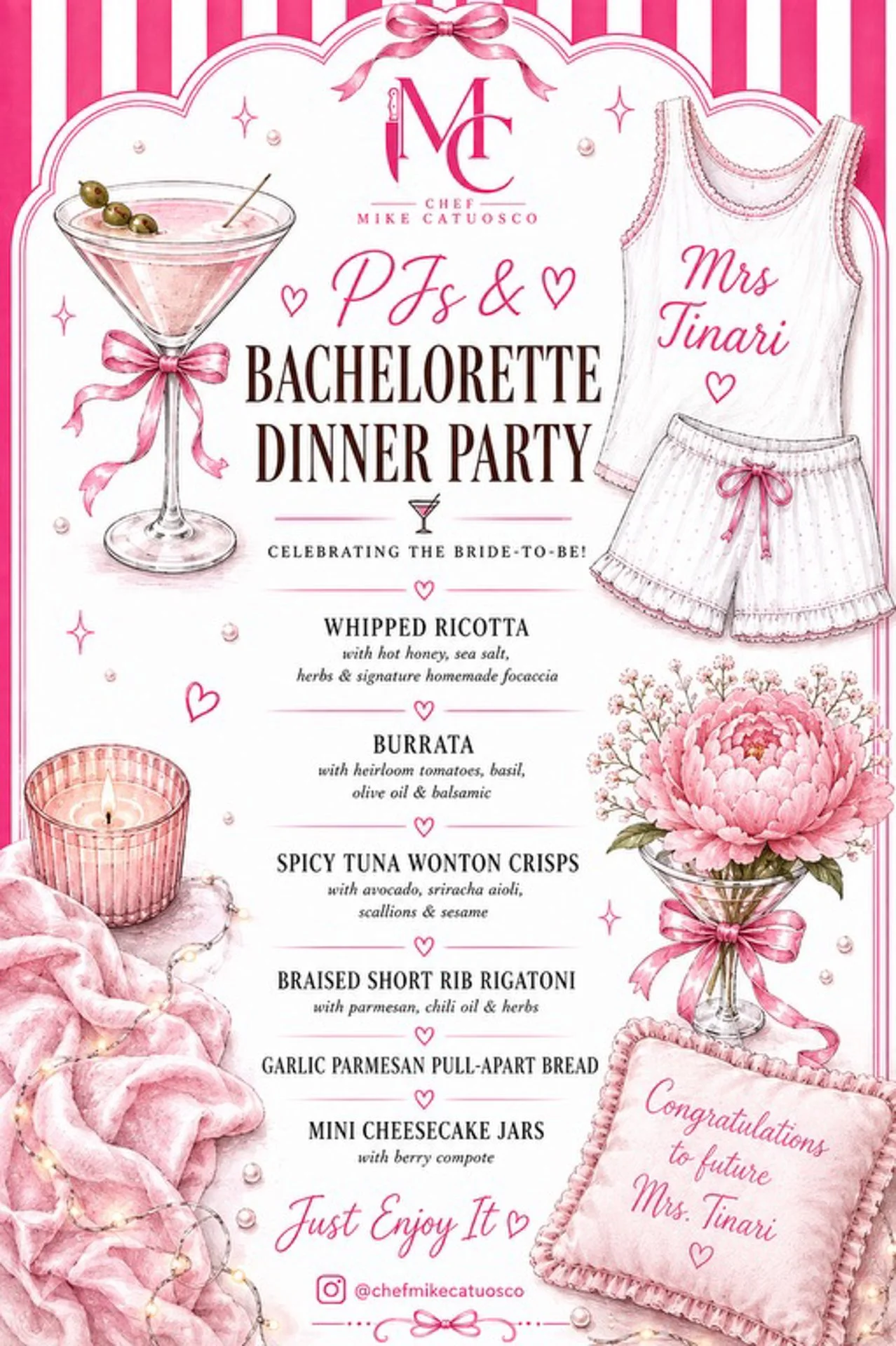 Pink and white striped background with a pink bow at the top center, featuring an invitation for a bachelorette dinner party hosted by Chef Mike Catuosco. The invitation includes illustrations of a pink cocktail with olives, a candle, a bouquet of pi