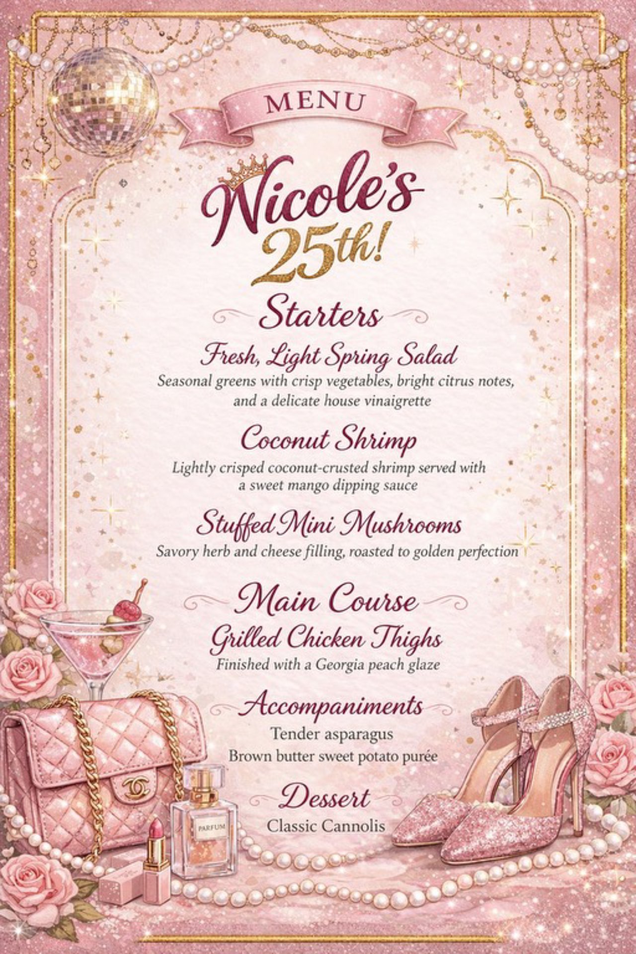 Chef Mike Catuosco - Past Menus - A pink-themed 25th birthday menu with images of a pink quilted handbag, perfume bottle, lipstick, pink glittery shoes, pearls, and roses, decorated with gold chains and sparkle effects.