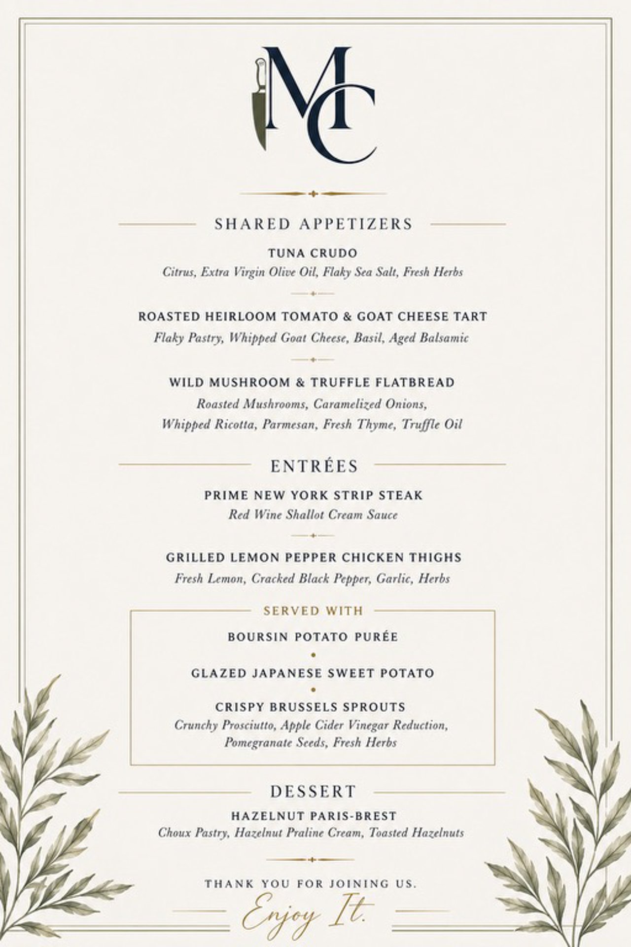 Elegant restaurant menu featuring shared appetizers, entrees, sides, and dessert with decorative foliage on the sides.