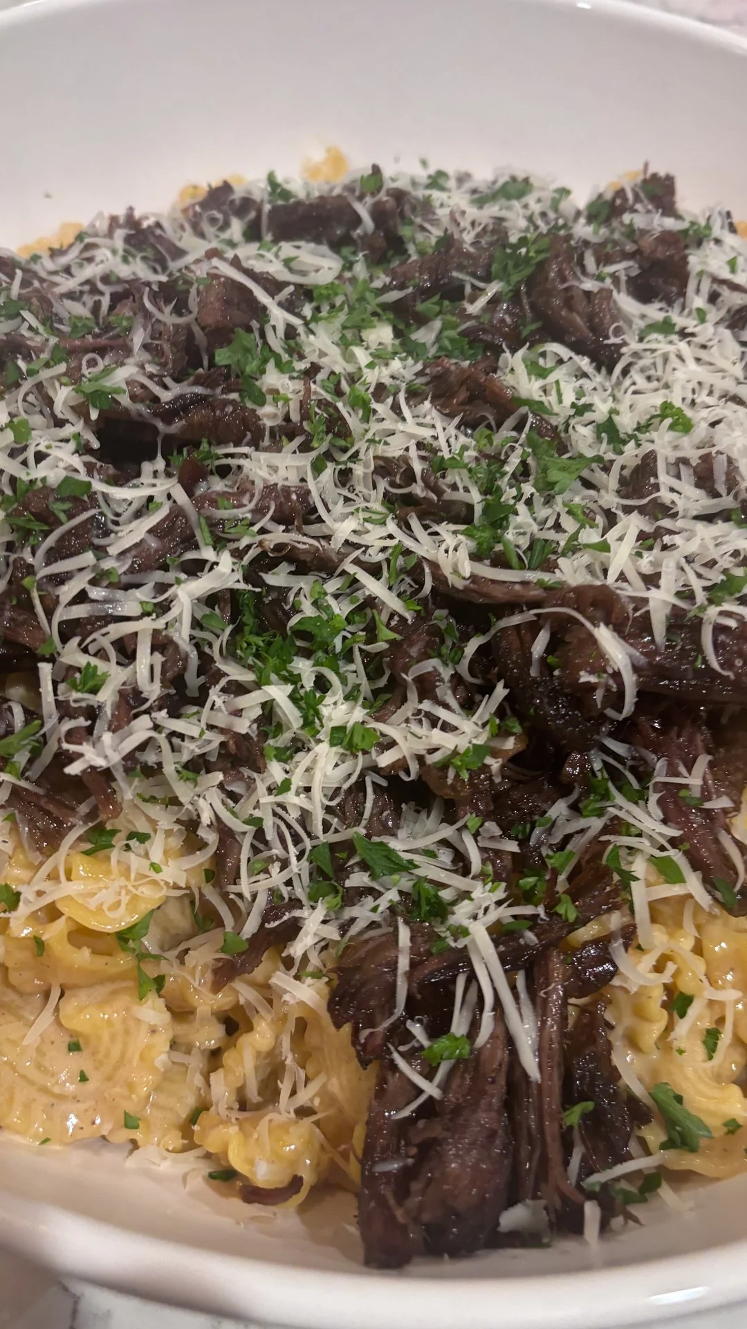 Creamy pasta topped with shredded cheese, chopped parsley, and cooked shredded beef.