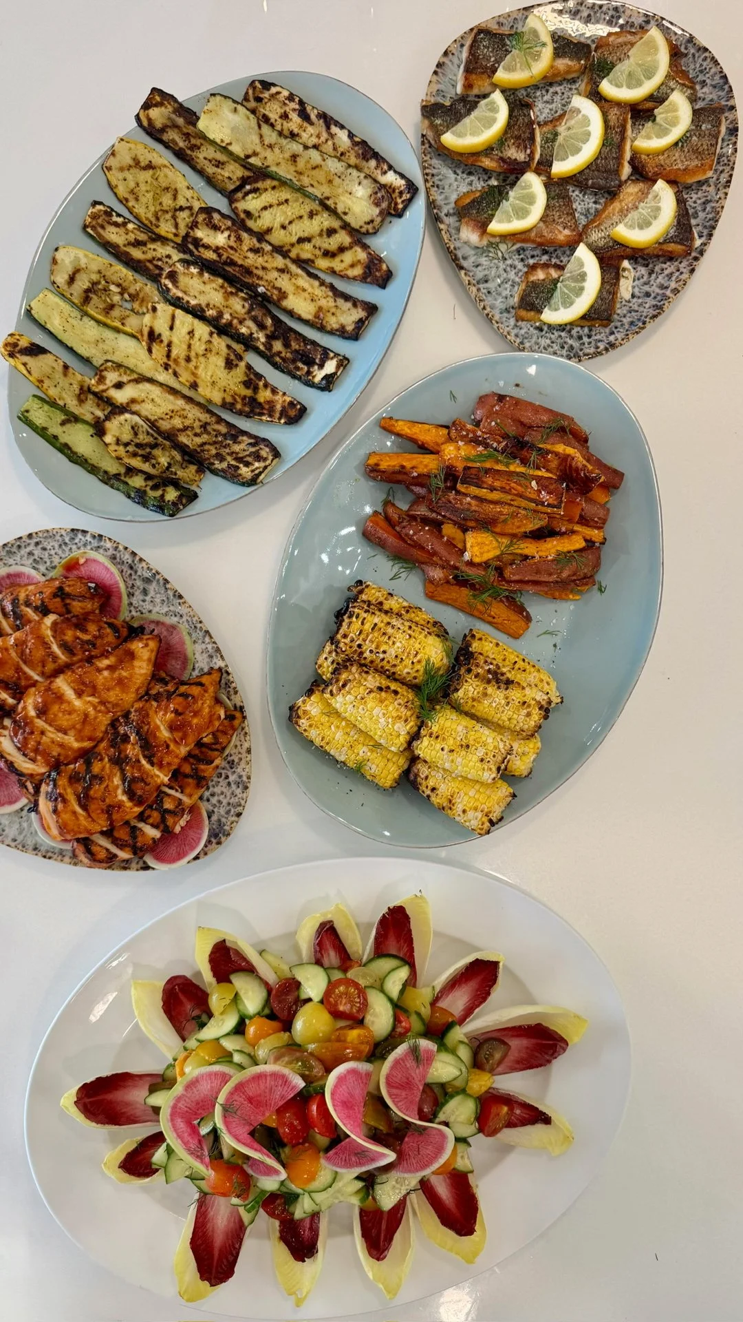 Chef Mike Catuosco - Gallery - Grilled and cooked vegetables and fish, including eggplant, corn on the cob, salmon fillets with lemon slices, cooked carrots and beef strips, and a fruit and vegetable salad.