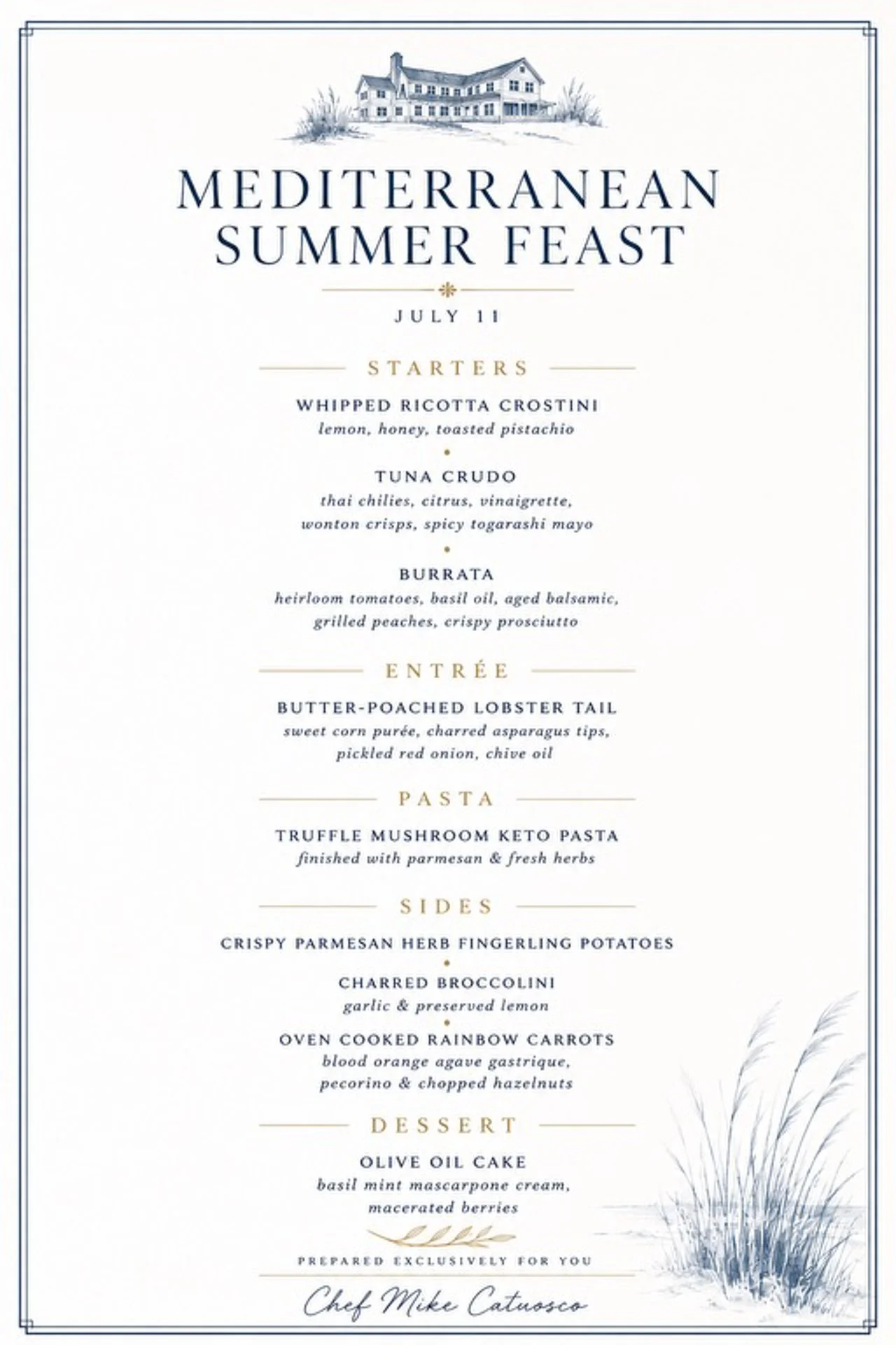Menu for Mediterranean Summer Feast with starters, entrée, sides, and dessert, featuring dishes like whipped ricotta crostini, tuna crudo, burrata, lobster tail, truffle mushroom keto pasta, and olive oil cake, by Chef Mike Catuosco.