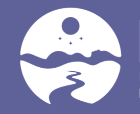 Minimalist landscape with a moon, stars, mountains, and a river or path in a circular frame.
